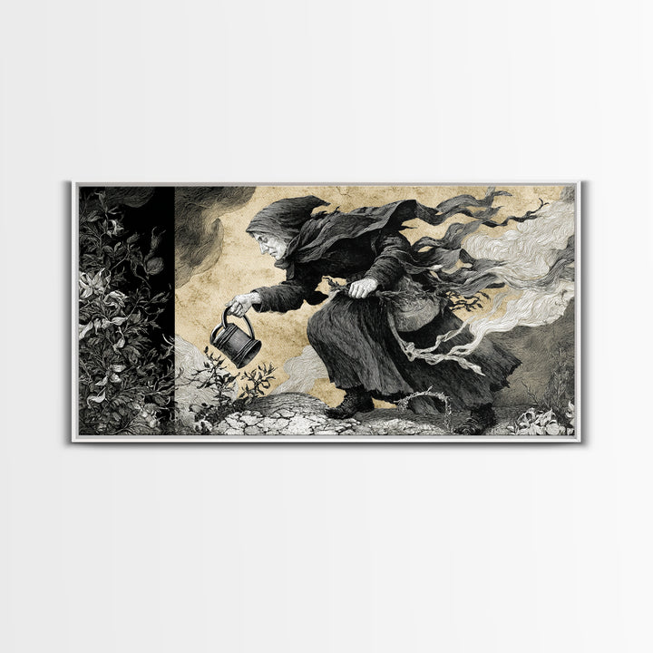 The Graveyard Gardener, Expressionist Nightmare Art, Wide Panoramic Art, Dark Fantasy Wall Art, Framed Canvas Print, Halloween Wall Art