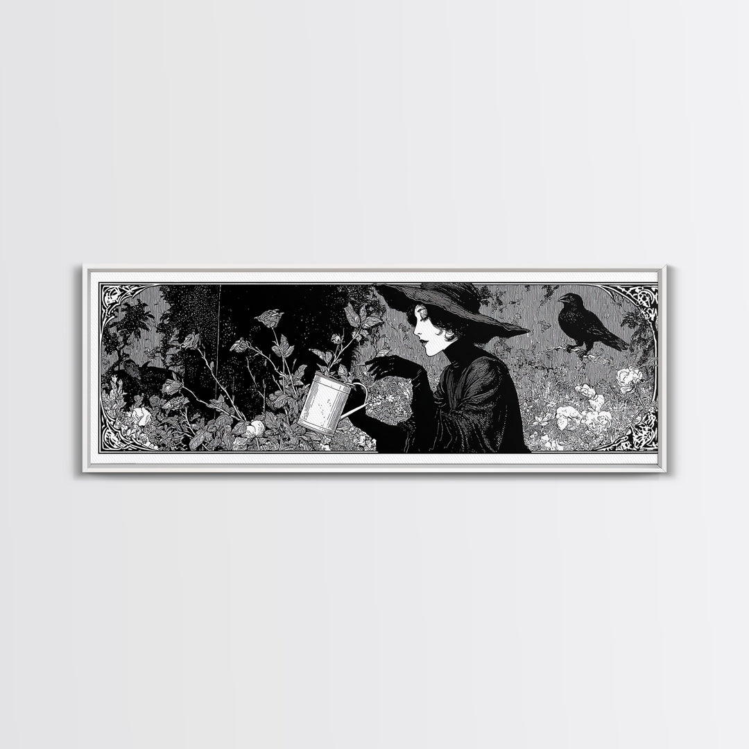 The Graveyard Gardener, Decadent Line Art, Extra Wide Wall Art, Gothic Horror Wall Art, Framed Canvas Print, Halloween Wall Art
