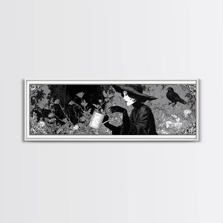 The Graveyard Gardener, Decadent Line Art, Extra Wide Wall Art, Gothic Horror Wall Art, Framed Canvas Print, Halloween Wall Art