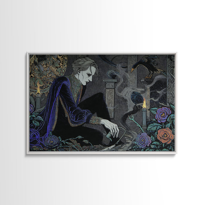 The Graveyard Gardener, Stained Glass Gothic Art, Landscape Wall Art, Macabre Wall Art, Framed Canvas Print, Halloween Wall Art