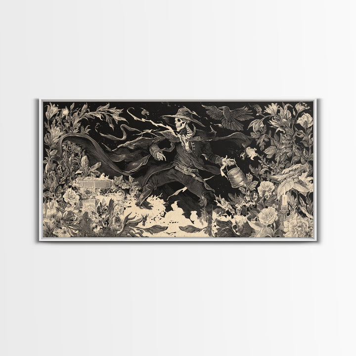 The Graveyard Gardener, Macabre Folk Print Art, Wide Panoramic Art, Macabre Wall Art, Framed Canvas Print, Halloween Wall Art