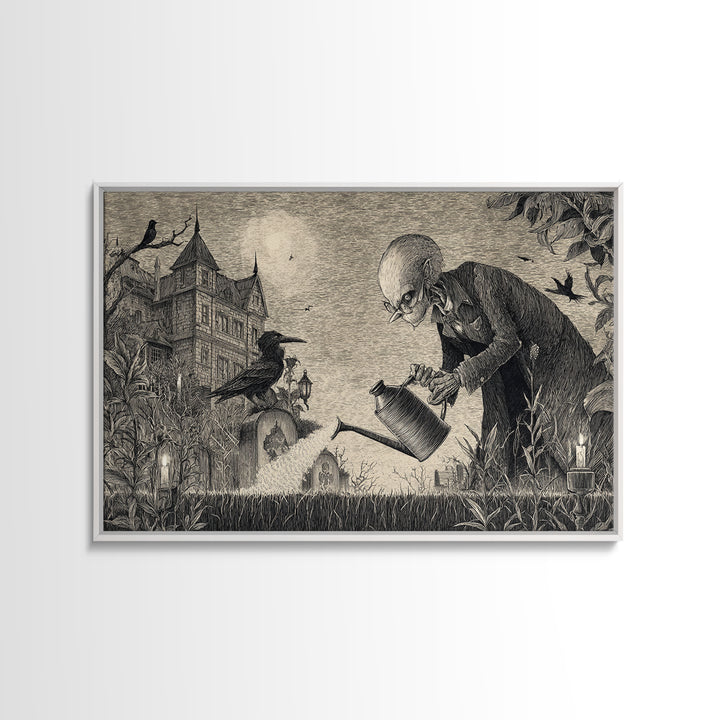 The Graveyard Gardener, Victorian Macabre Art, Landscape Wall Art, Dark Halloween Decor, Framed Canvas Print, Halloween Wall Art