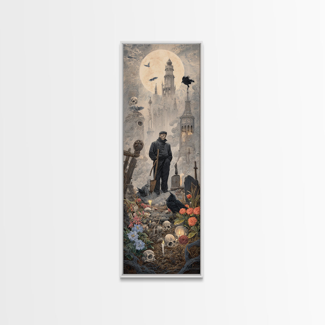 The Graveyard Gardener, Surreal Apocalyptic Art, Tall Narrow Wall Art, Dark Halloween Decor, Canvas Print, Halloween Wall Art