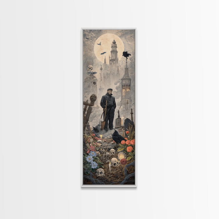 The Graveyard Gardener, Surreal Apocalyptic Art, Tall Narrow Wall Art, Dark Halloween Decor, Canvas Print, Halloween Wall Art