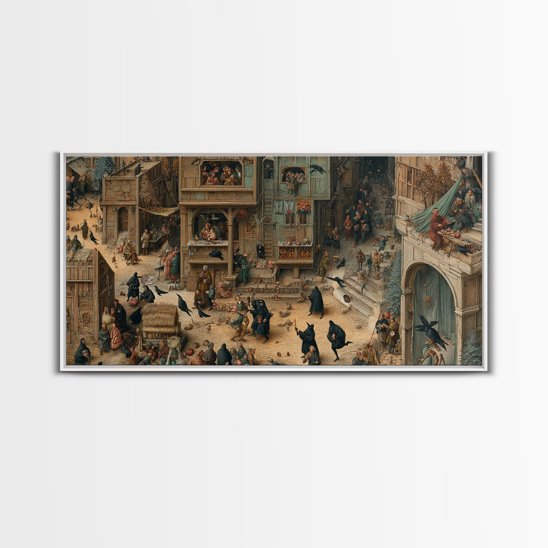 The Crow-Masked Assassin, Northern Renaissance Horror, Wide Panoramic Art, Macabre Wall Art, Framed Canvas Print