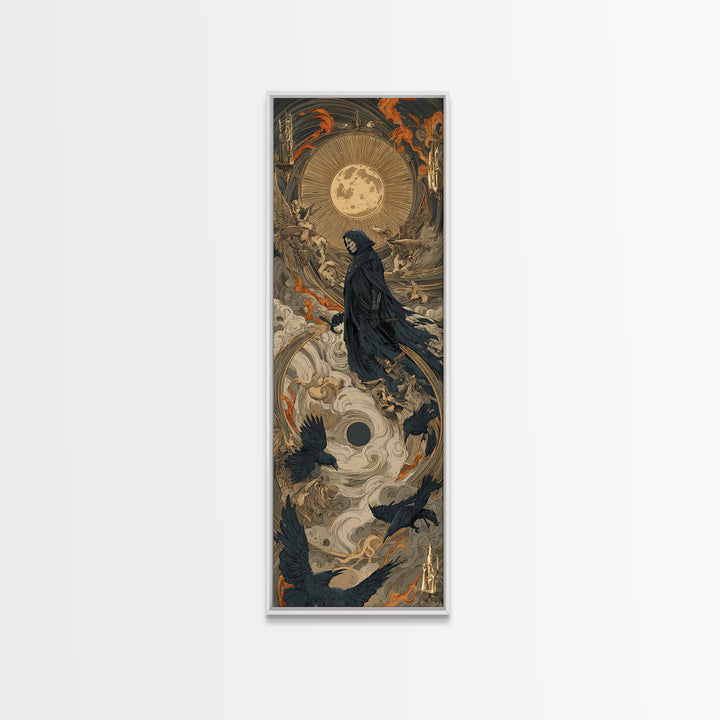 The Crow-Masked Assassin, Visionary Gothic Art, Tall Narrow Wall Art, Dark Halloween Decor, Framed Canvas Print, Halloween Wall Art