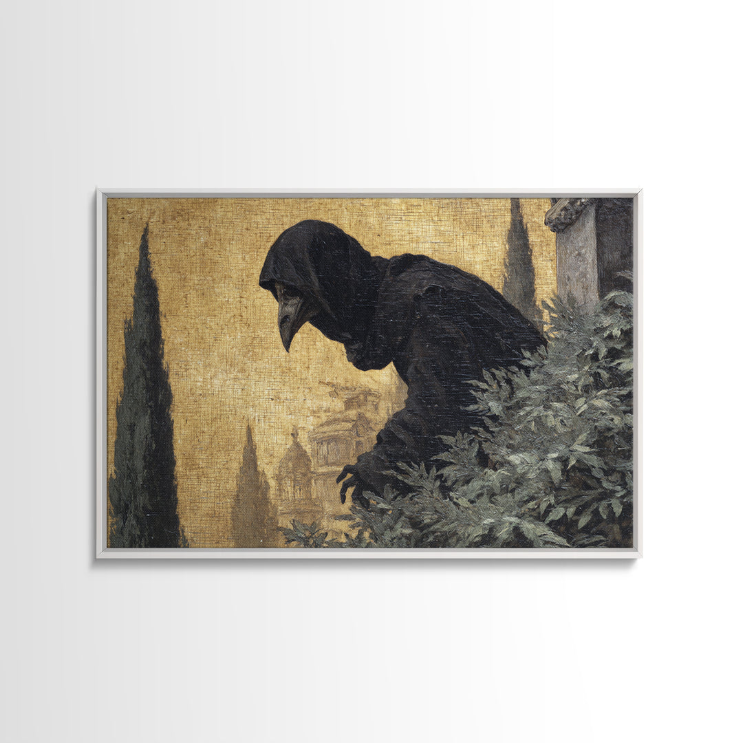The Crow-Masked Assassin, Symbolist Gothic Landscape, Landscape Wall Art, Dark Halloween Decor, Framed Canvas Print, Halloween Wall Art