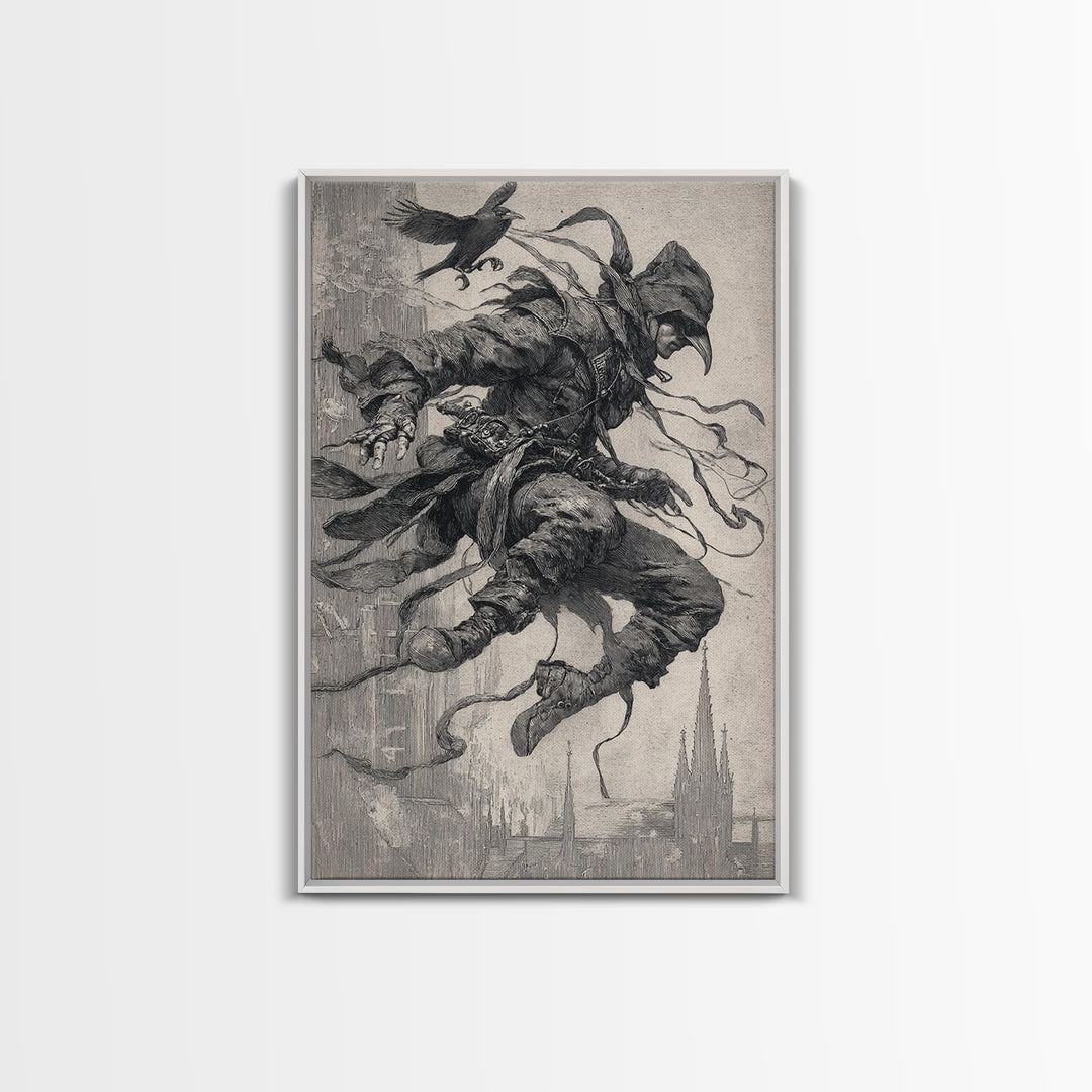 The Crow-Masked Assassin, Symbolist Etching Art, Vertical Wall Art, Dark Halloween Decor, Canvas Print, Halloween Wall Art