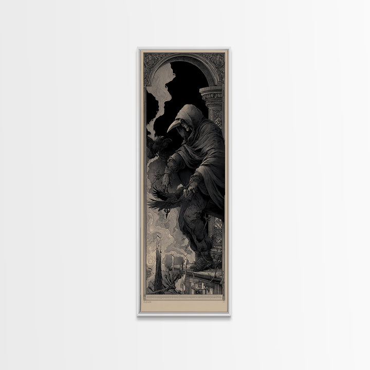 The Crow-Masked Assassin, Biomechanical Horror Art, Tall Narrow Wall Art, Macabre Wall Art, Canvas Print, Halloween Wall Art