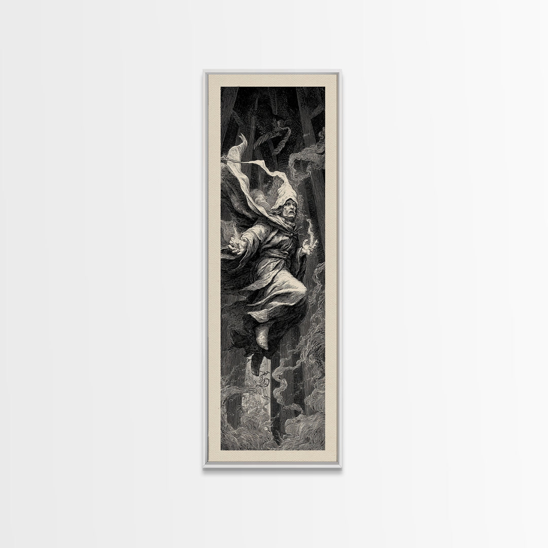 The Lantern Mage, Gothic Engraving Art, Tall Narrow Wall Art, Macabre Wall Art, Framed Canvas Print, Halloween Wall Art