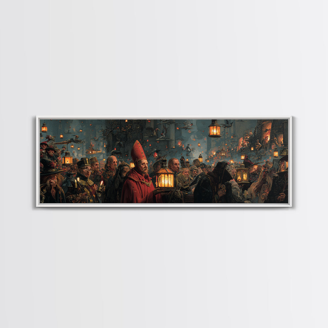 The Lantern Mage, Medieval Grotesque Art, Extra Wide Wall Art, Dark Fantasy Wall Art, Canvas Print, Halloween Wall Art