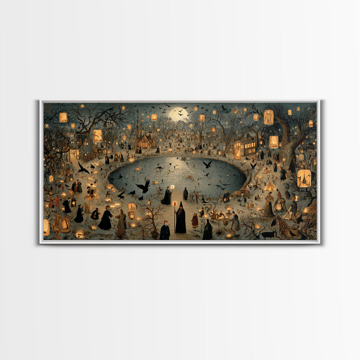 The Lantern Mage, Northern Renaissance Horror, Wide Panoramic Art, Dark Halloween Decor, Canvas Print, Halloween Wall Art