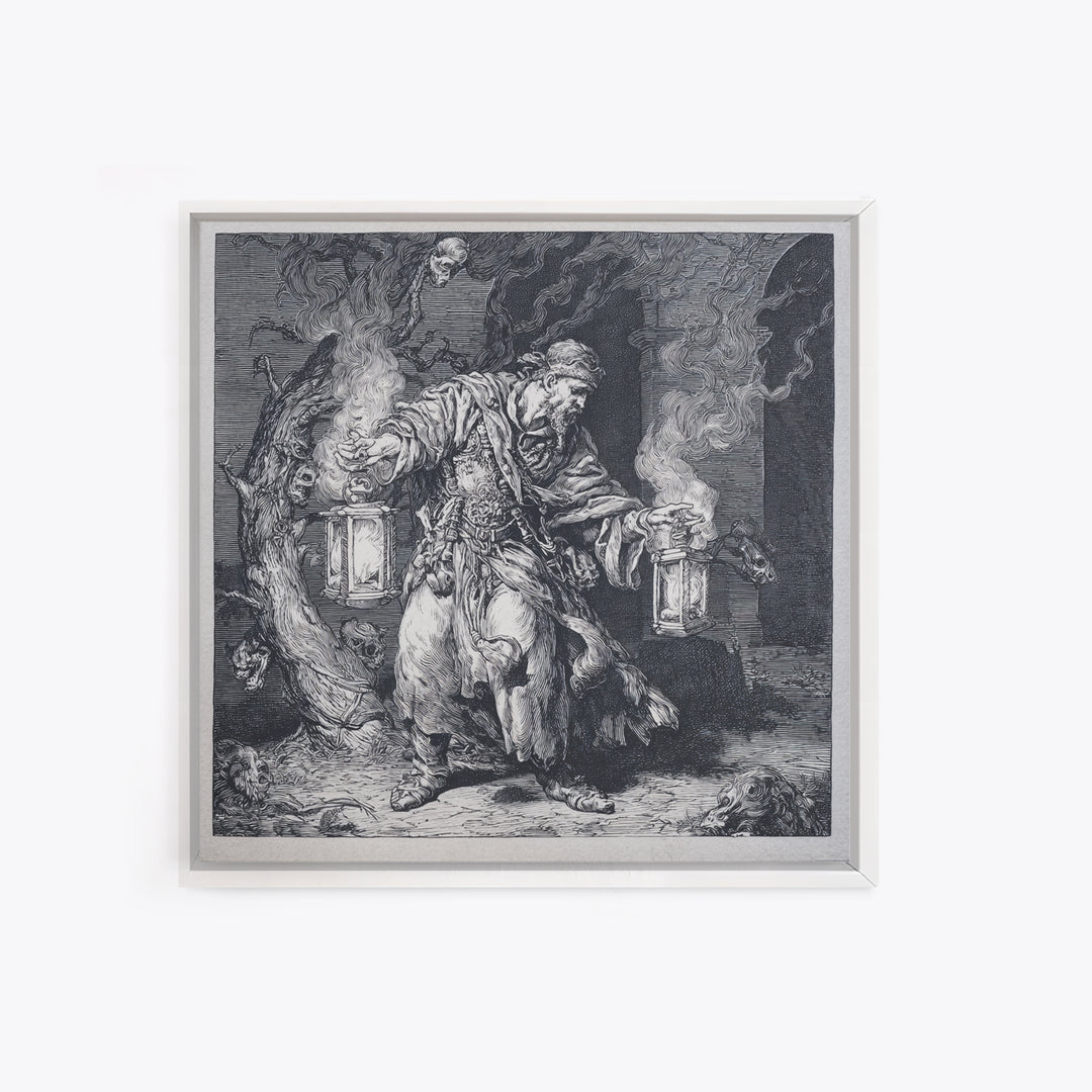 The Lantern Mage, Renaissance Engraving Art, Square Wall Art, Dark Halloween Decor, Canvas Print, Halloween Wall Art