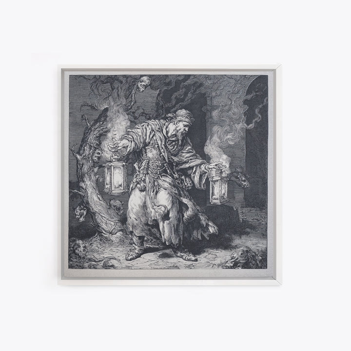 The Lantern Mage, Renaissance Engraving Art, Square Wall Art, Dark Halloween Decor, Canvas Print, Halloween Wall Art