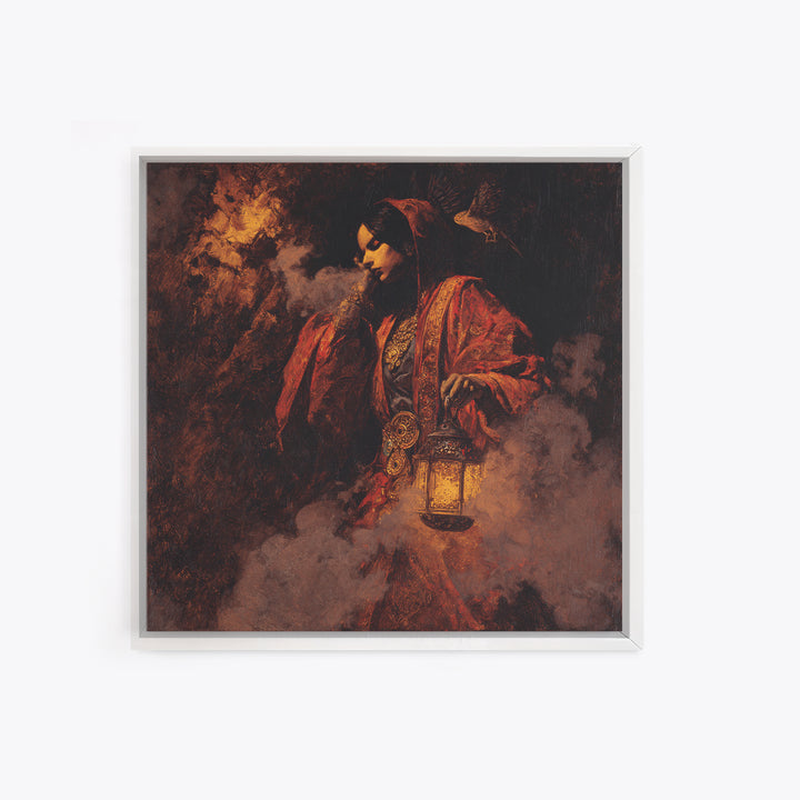 The Lantern Mage, Ornate Symbolist Art, Square Wall Art, Dark Halloween Decor, Canvas Print, Halloween Wall Art, Dark Fantasy Art