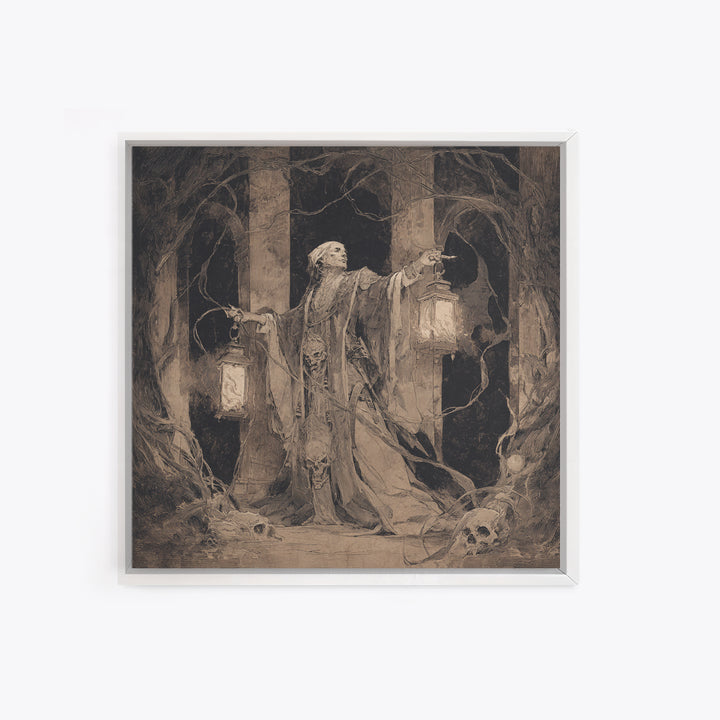 The Lantern Mage, Decadent Gothic Art, Square Wall Art, Macabre Wall Art, Canvas Print, Halloween Wall Art, Seasonal Home Decor