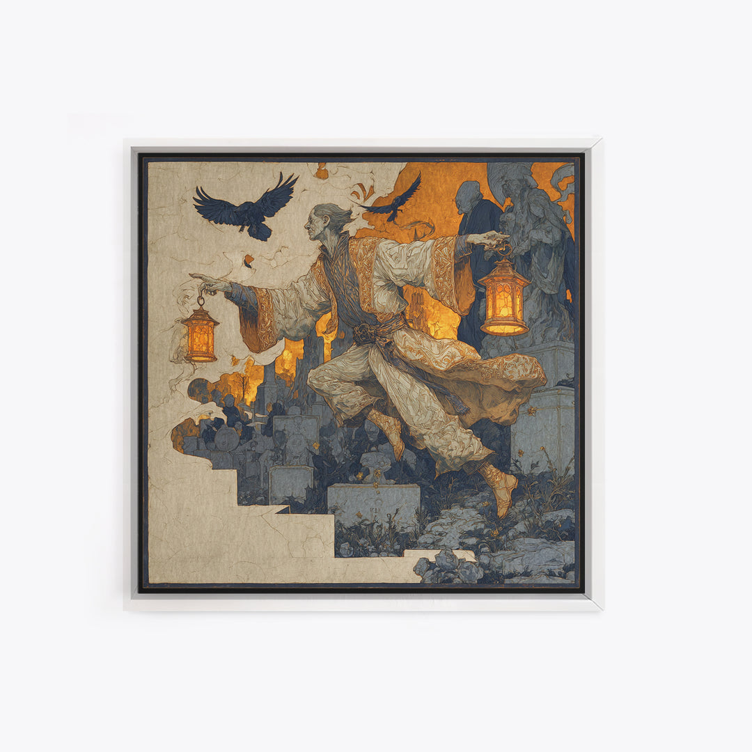 The Lantern Mage, Symbolist Death Art, Square Wall Art, Macabre Wall Art, Framed Canvas Print, Halloween Wall Art, Halloween Decor