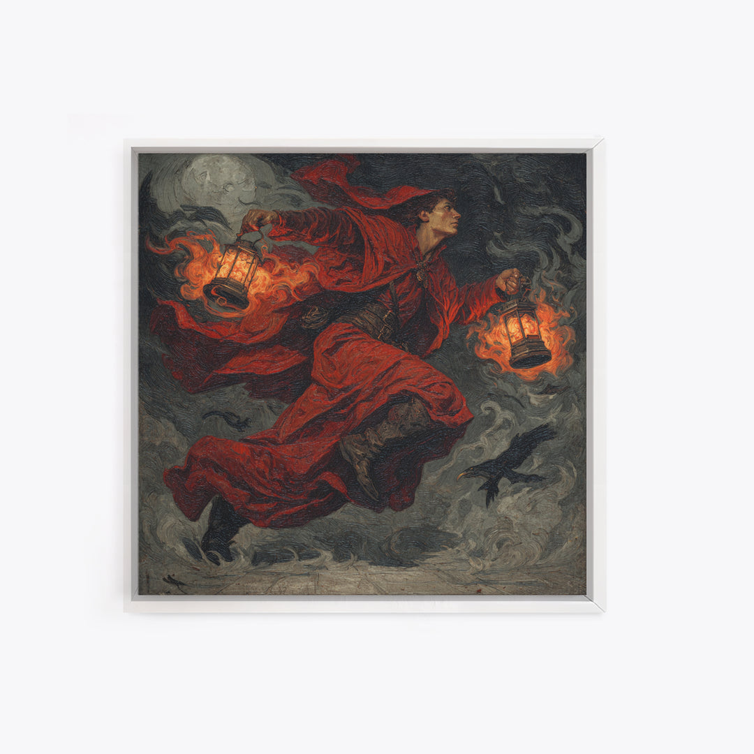 The Lantern Mage, Dark Symbolist Art, Square Wall Art, Dark Halloween Decor, Framed Canvas Print, Halloween Wall Art