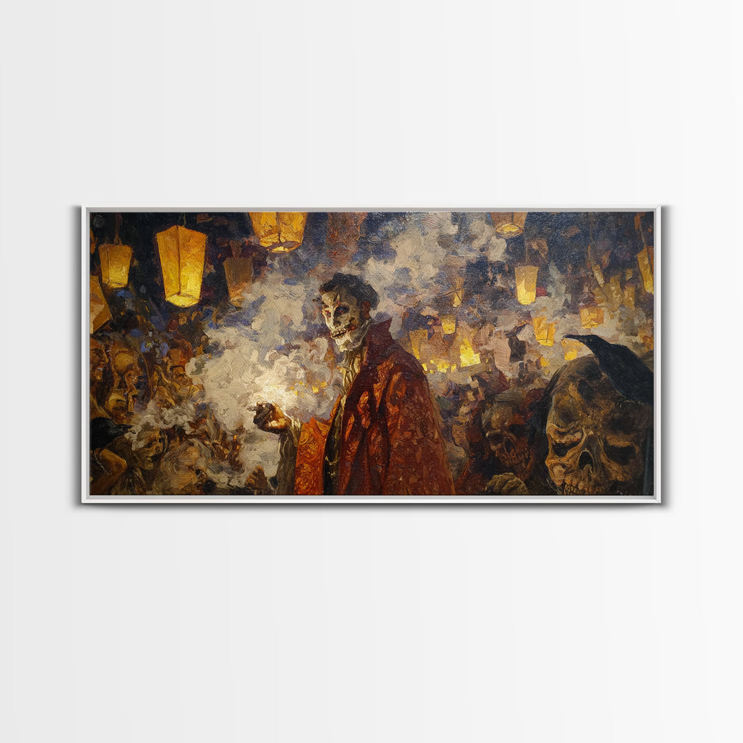 The Lantern Mage, Grotesque Carnival Art, Wide Panoramic Art, Dark Halloween Decor, Framed Canvas Print, Halloween Wall Art