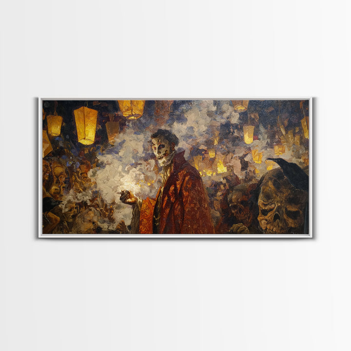 The Lantern Mage, Grotesque Carnival Art, Wide Panoramic Art, Dark Halloween Decor, Framed Canvas Print, Halloween Wall Art