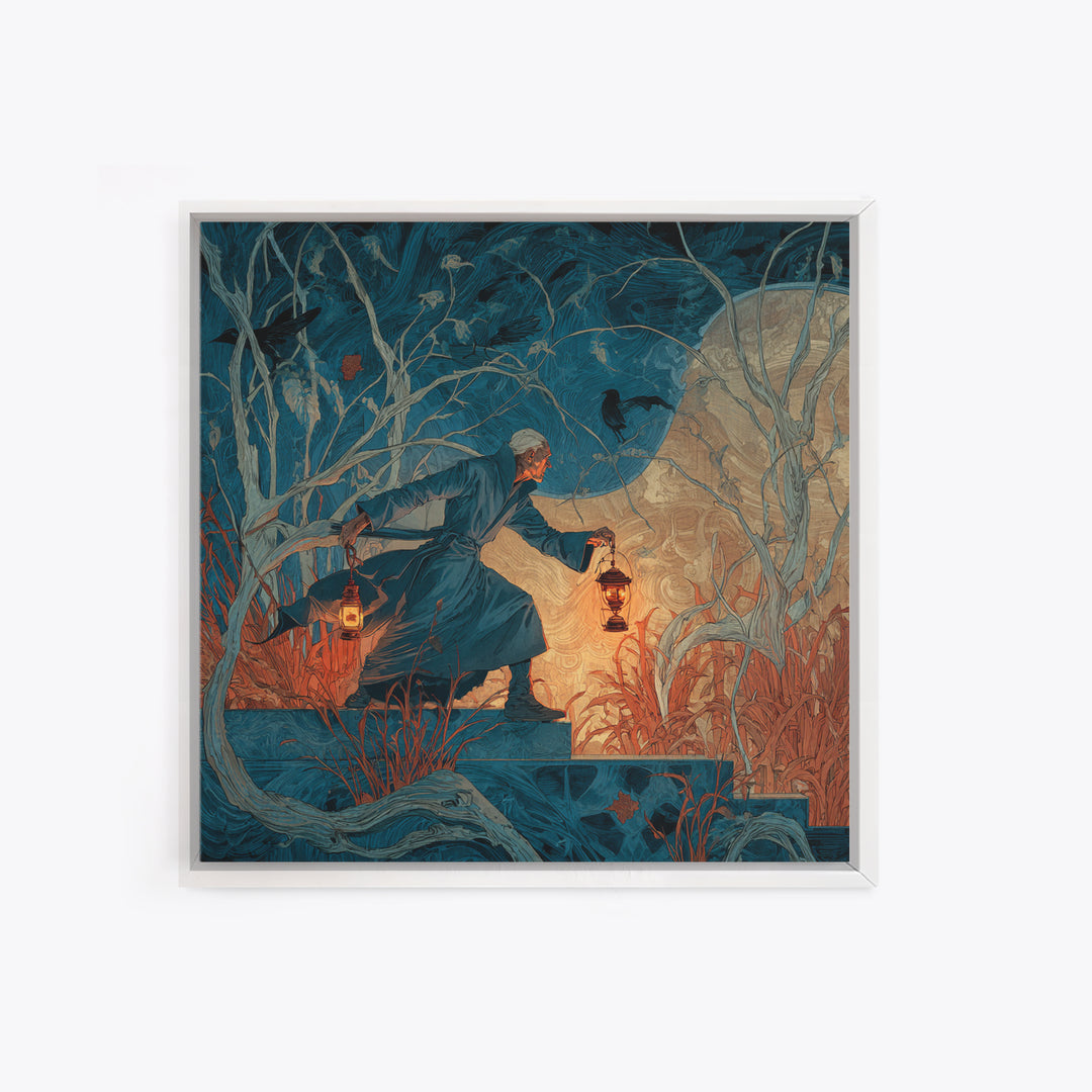 The Lantern Mage, Expressionist Gothic Art, Square Wall Art, Dark Halloween Decor, Canvas Print, Halloween Wall Art, Horror Wall Art