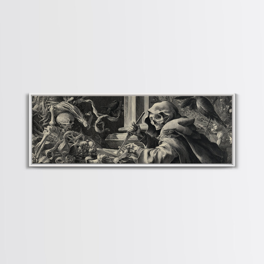 The Bone Sculptor, Danse Macabre Art, Extra Wide Wall Art, Gothic Horror Wall Art, Framed Canvas Print