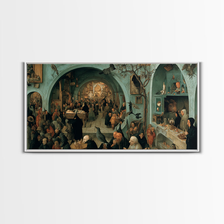 The Dream Eater, Northern Renaissance Horror, Wide Panoramic Art, Dark Halloween Decor, Framed Canvas Print, Halloween Wall Art