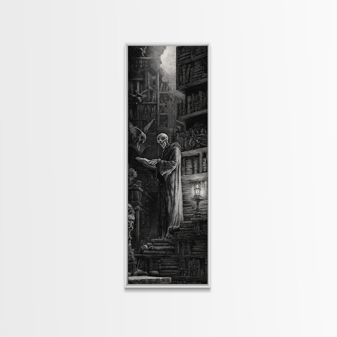 The Crypt Librarian, Gothic Engraving Art, Tall Narrow Wall Art, Gothic Horror Wall Art, Canvas Print, Halloween Wall Art