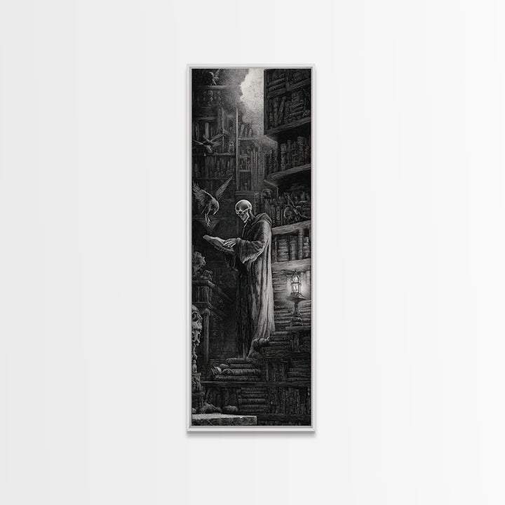 The Crypt Librarian, Gothic Engraving Art, Tall Narrow Wall Art, Gothic Horror Wall Art, Canvas Print, Halloween Wall Art