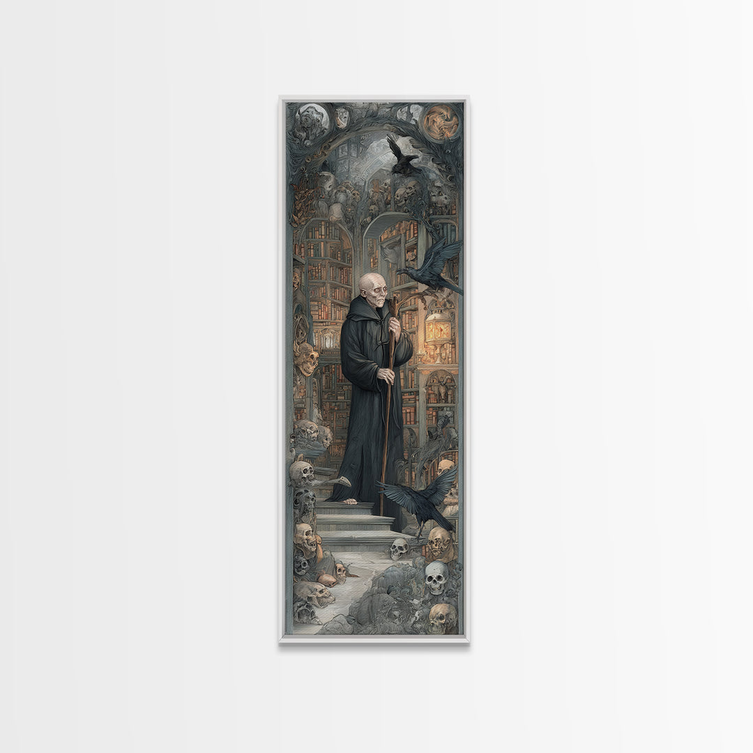 The Crypt Librarian, Medieval Grotesque Art, Tall Narrow Wall Art, Gothic Horror Wall Art, Framed Canvas Print, Halloween Wall Art