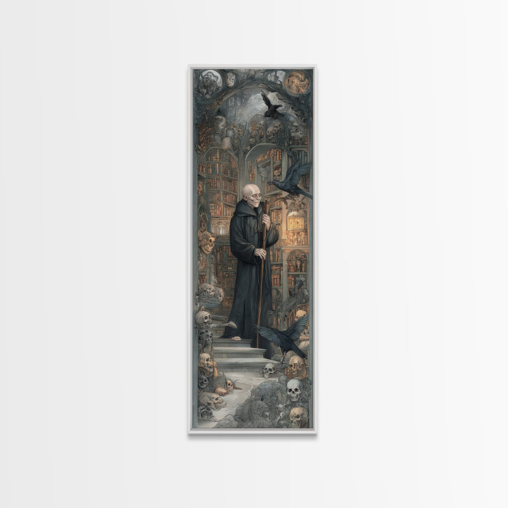 The Crypt Librarian, Medieval Grotesque Art, Tall Narrow Wall Art, Gothic Horror Wall Art, Framed Canvas Print, Halloween Wall Art