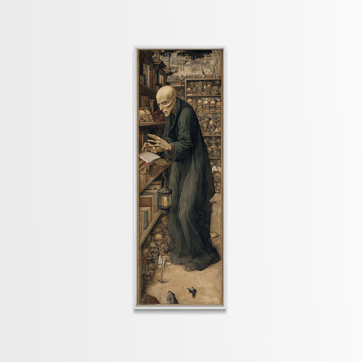 The Crypt Librarian, Northern Renaissance Horror, Tall Narrow Wall Art, Dark Fantasy Wall Art, Canvas Print, Halloween Wall Art