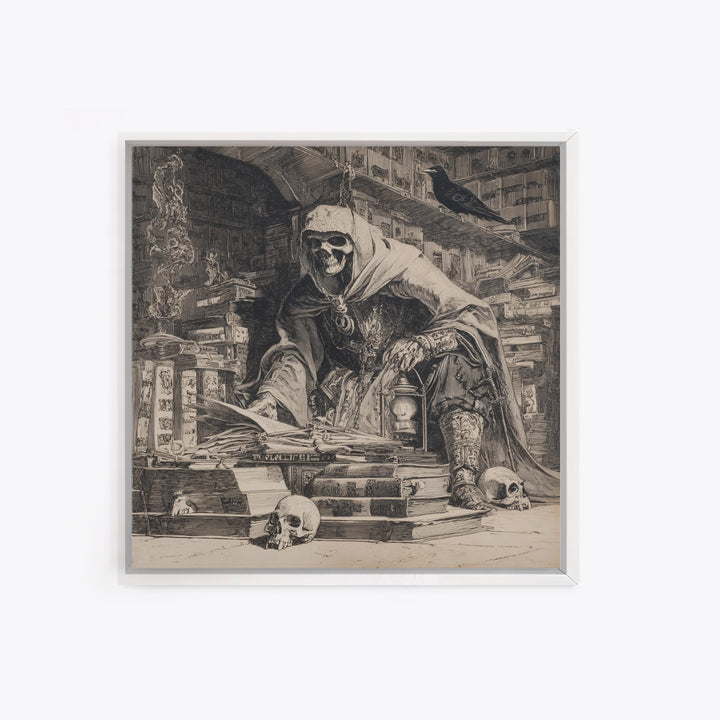 The Crypt Librarian, Renaissance Engraving Art, Square Wall Art, Dark Halloween Decor, Framed Canvas Print, Halloween Wall Art