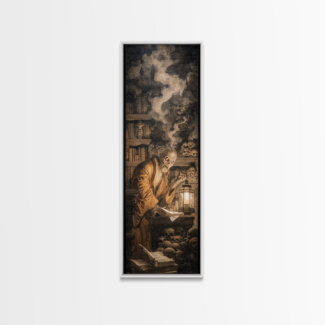 The Crypt Librarian, Baroque Witchcraft Art, Tall Narrow Wall Art, Macabre Wall Art, Canvas Print, Halloween Wall Art