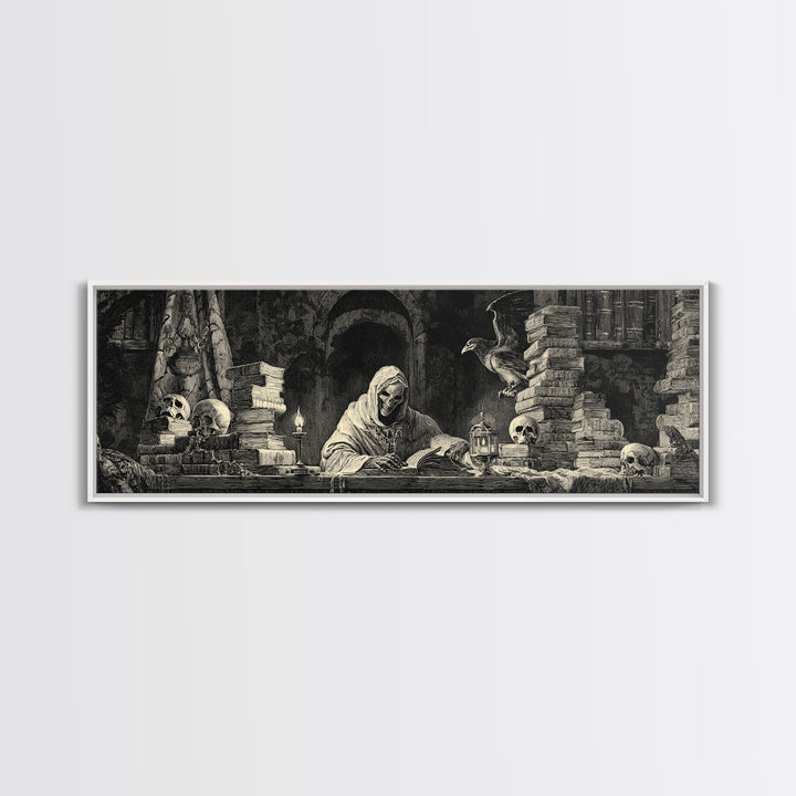 The Crypt Librarian, Dark Romantic Horror Art, Extra Wide Wall Art, Macabre Wall Art, Framed Canvas Print, Halloween Wall Art