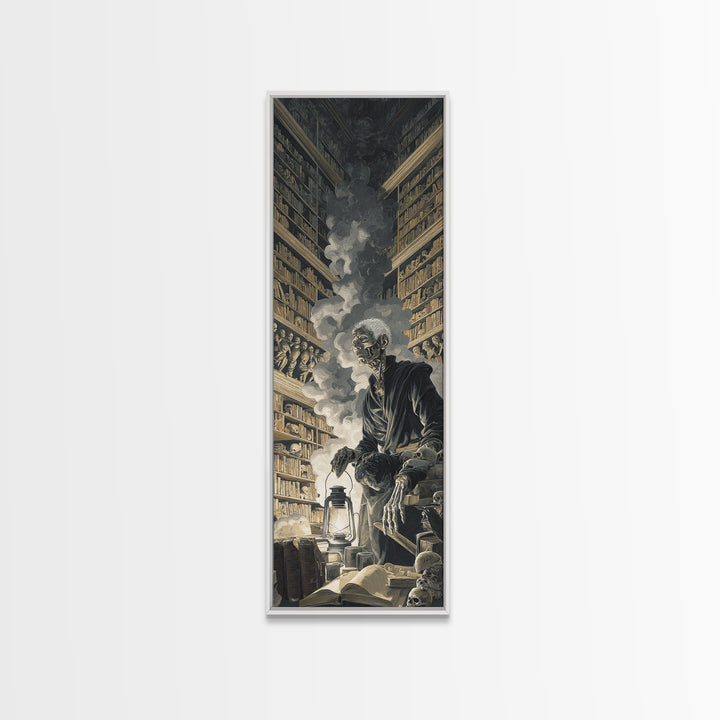 The Crypt Librarian, Architectural Etching Art, Tall Narrow Wall Art, Gothic Horror Wall Art, Framed Canvas Print