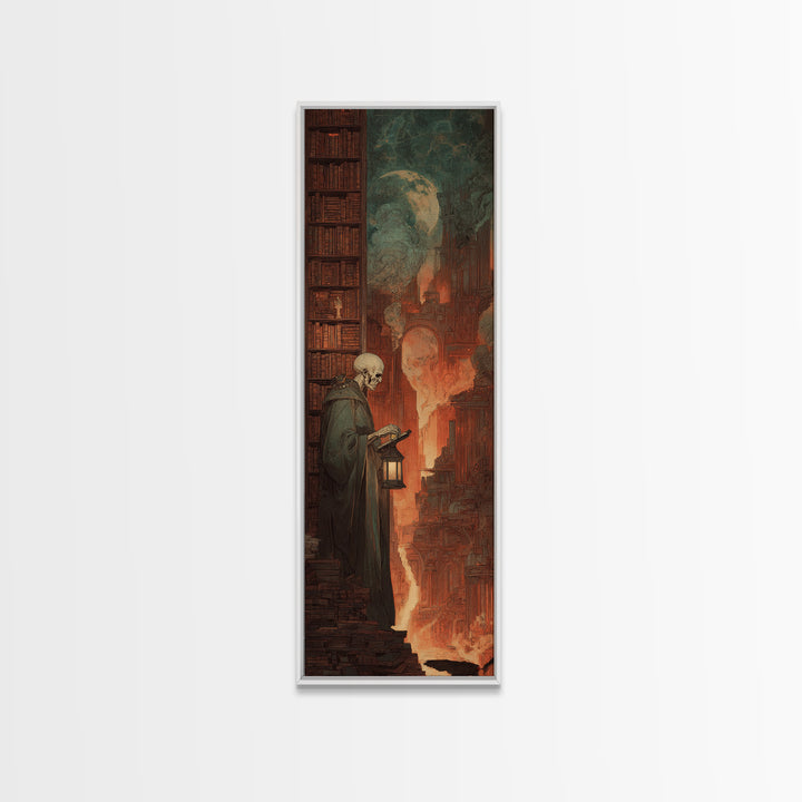 The Crypt Librarian, Apocalyptic Romantic Art, Tall Narrow Wall Art, Dark Fantasy Wall Art, Framed Canvas Print, Halloween Wall Art