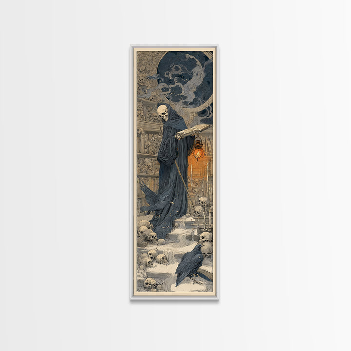 The Crypt Librarian, Symbolist Death Art, Tall Narrow Wall Art, Dark Halloween Decor, Framed Canvas Print, Halloween Wall Art