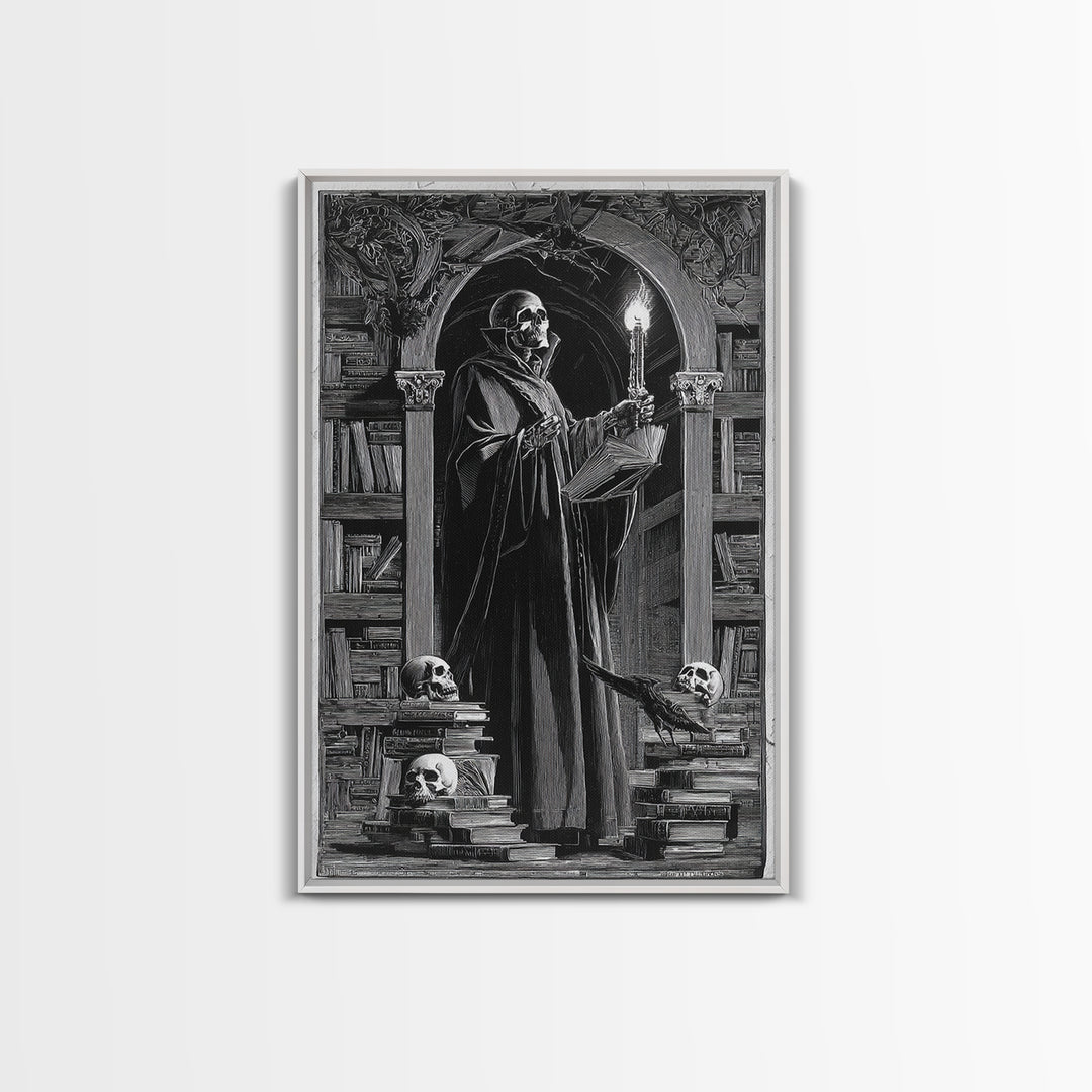 The Crypt Librarian, Symbolist Etching Art, Vertical Wall Art, Gothic Horror Wall Art, Framed Canvas Print, Halloween Wall Art