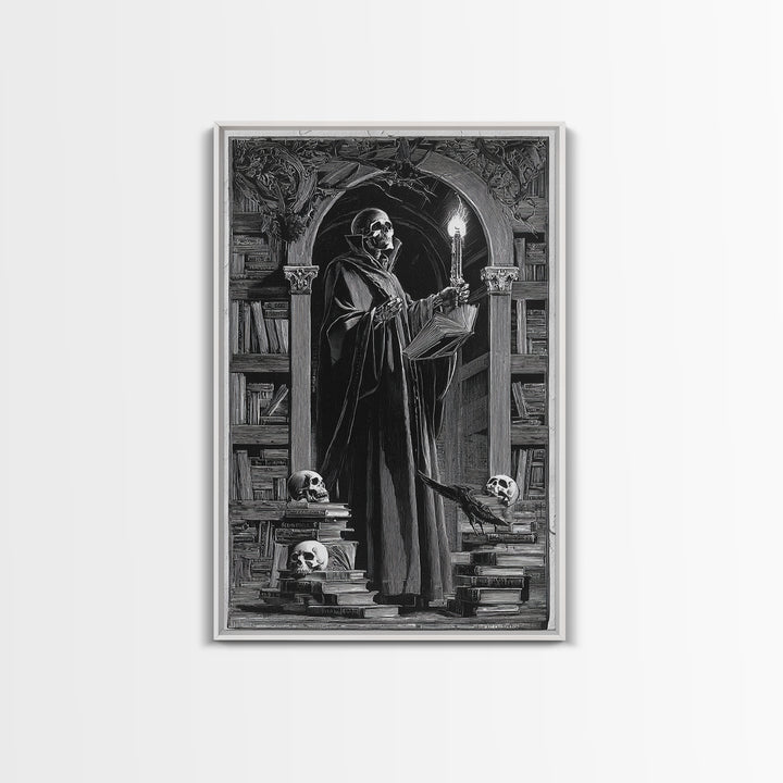 The Crypt Librarian, Symbolist Etching Art, Vertical Wall Art, Gothic Horror Wall Art, Framed Canvas Print, Halloween Wall Art
