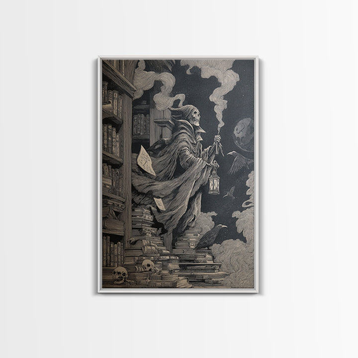 The Crypt Librarian, Victorian Macabre Art, Vertical Wall Art, Dark Halloween Decor, Framed Canvas Print, Halloween Wall Art