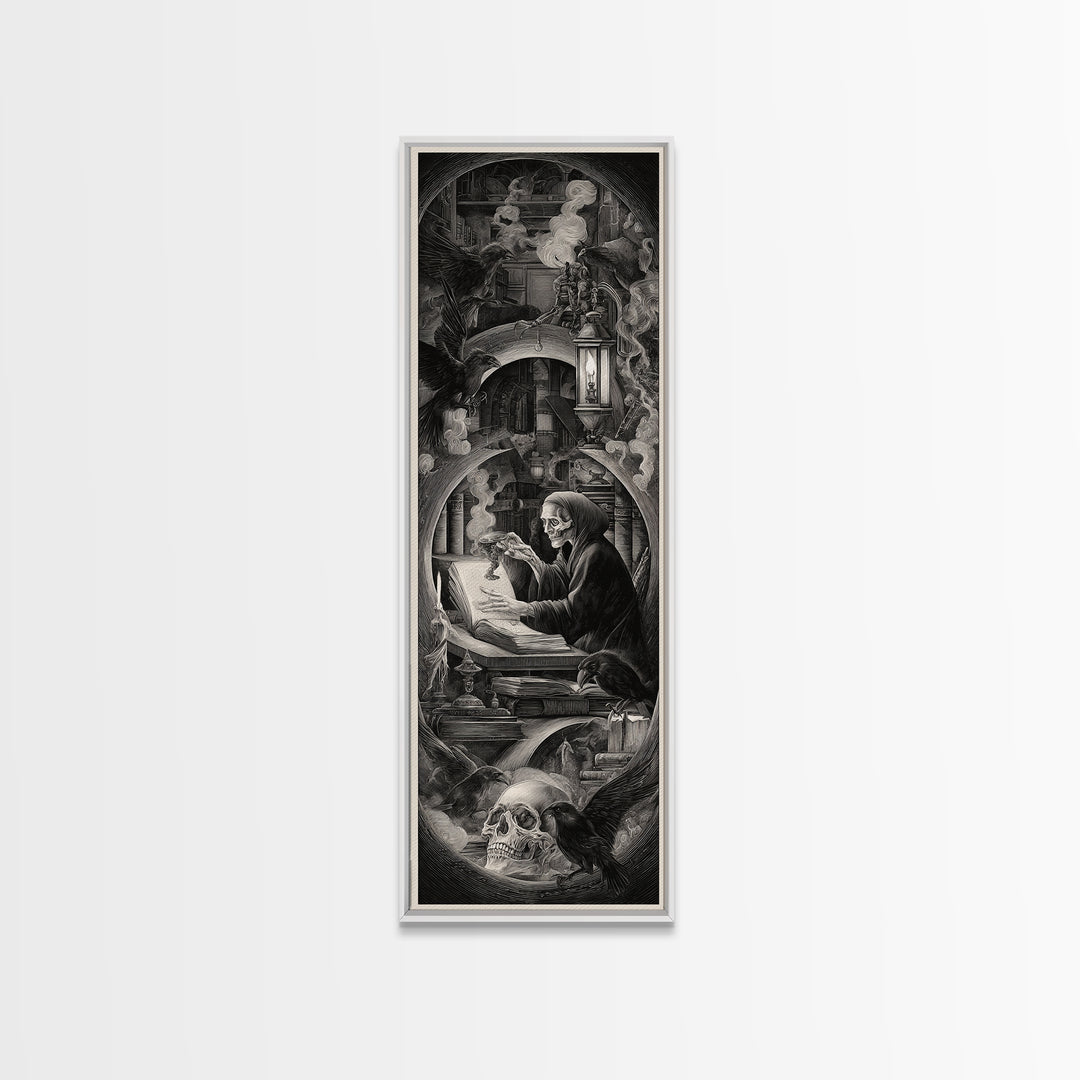 The Crypt Librarian, Biomechanical Horror Art, Tall Narrow Wall Art, Macabre Wall Art, Framed Canvas Print, Halloween Wall Art