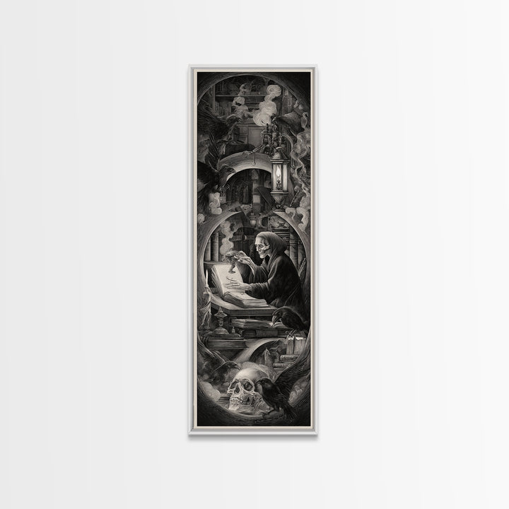 The Crypt Librarian, Biomechanical Horror Art, Tall Narrow Wall Art, Macabre Wall Art, Framed Canvas Print, Halloween Wall Art