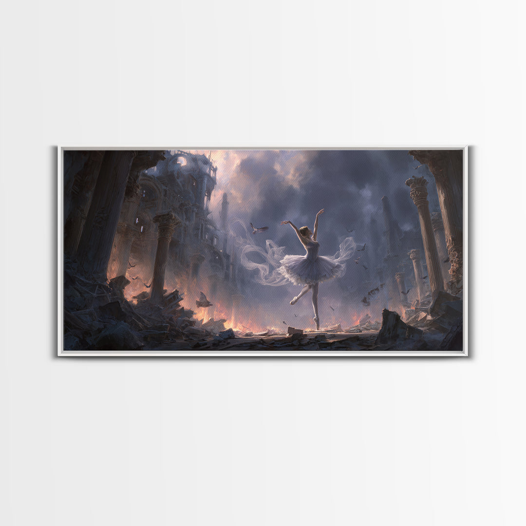 The Phantom Ballerina, Apocalyptic Romantic Art, Wide Panoramic Art, Macabre Wall Art, Framed Canvas Print, Halloween Wall Art