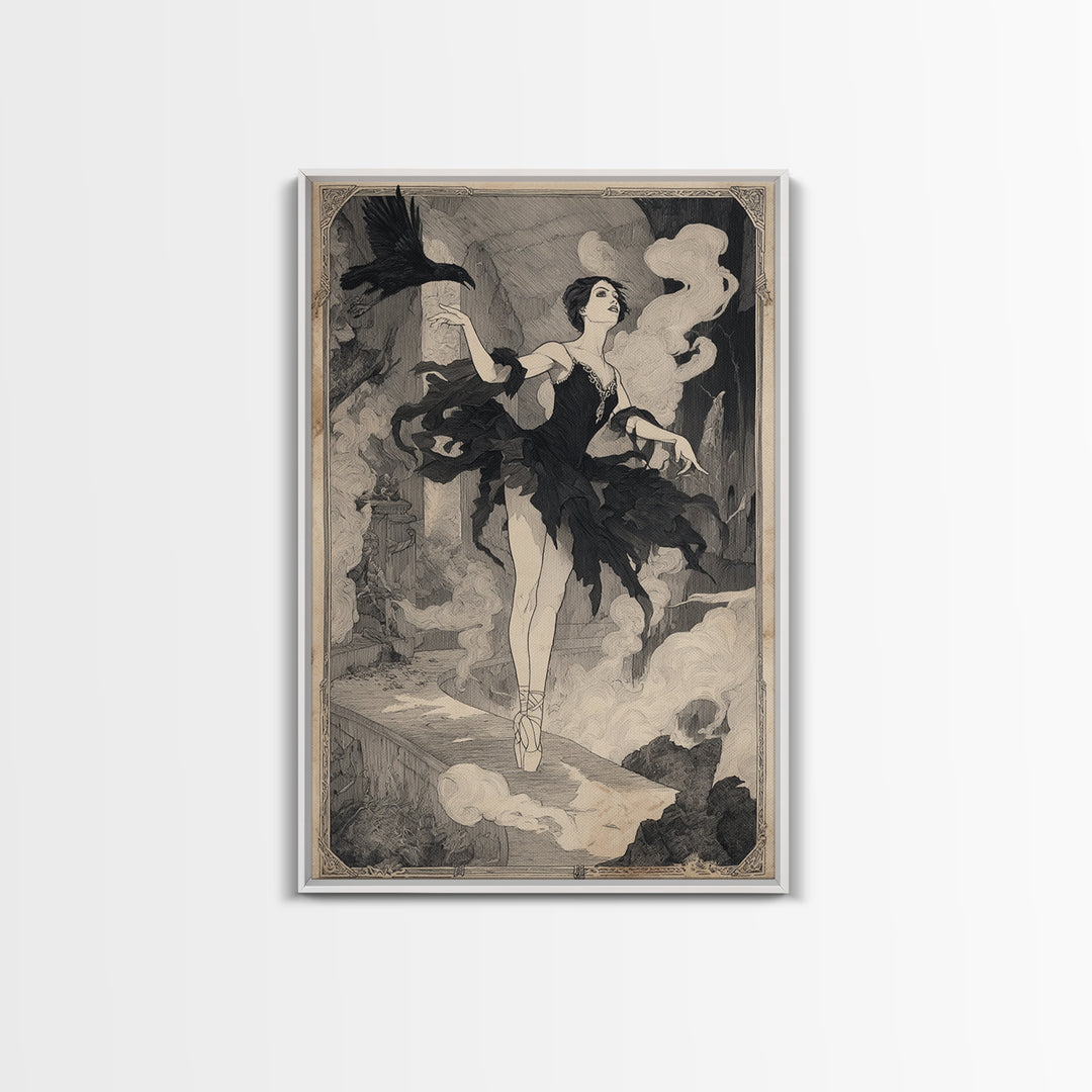 The Phantom Ballerina, Decadent Line Art, Vertical Wall Art, Dark Halloween Decor, Framed Canvas Print, Halloween Wall Art