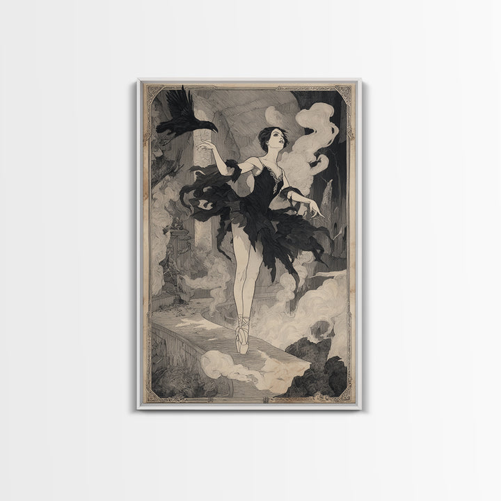 The Phantom Ballerina, Decadent Line Art, Vertical Wall Art, Dark Halloween Decor, Framed Canvas Print, Halloween Wall Art