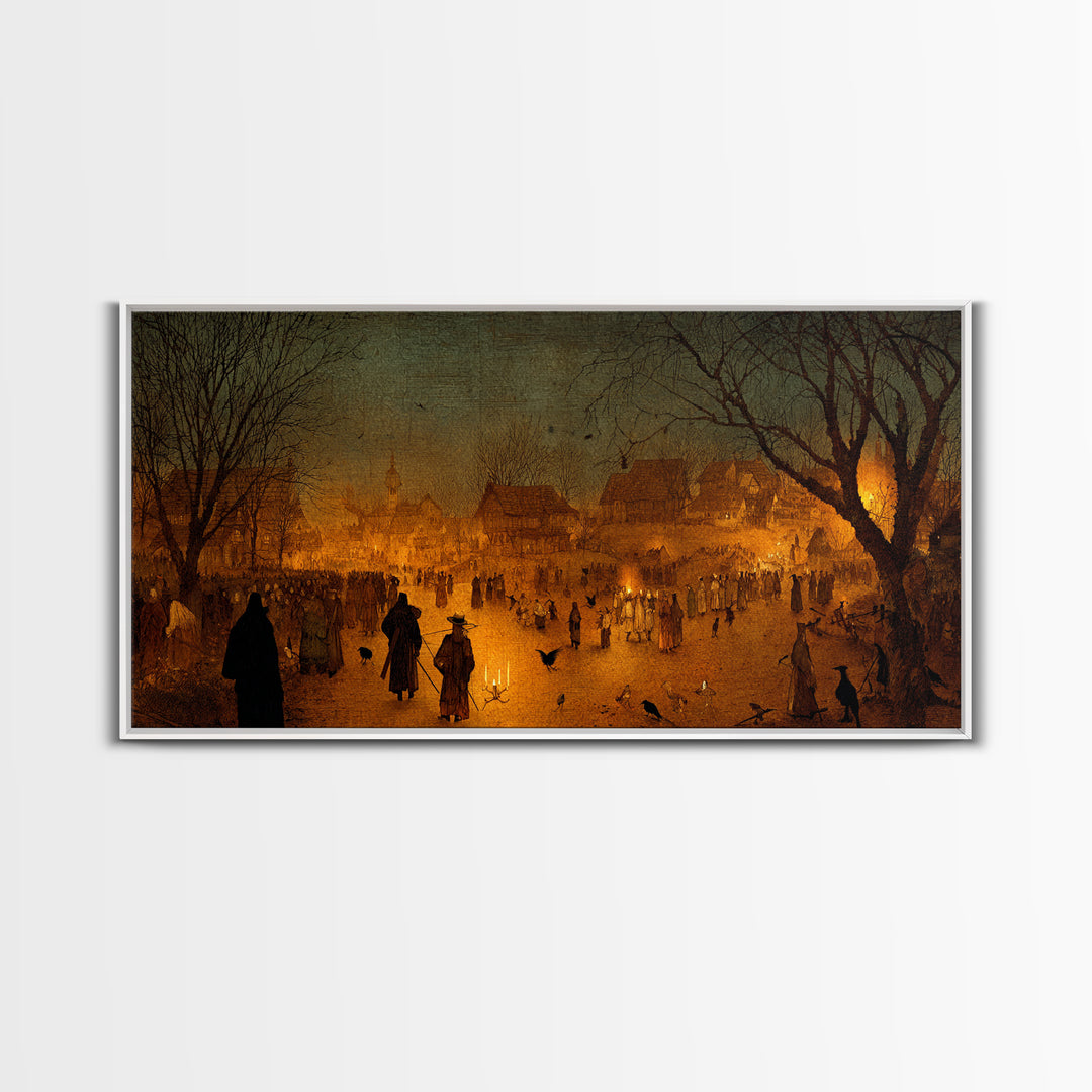 The Ghost Of The Witch Hunter, Northern Renaissance Horror, Wide Panoramic Art, Dark Fantasy Wall Art, Framed Canvas Print