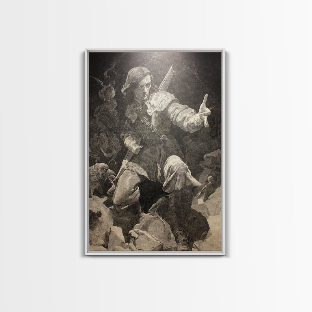 The Ghost Of The Witch Hunter, Renaissance Engraving Art, Vertical Wall Art, Macabre Wall Art, Framed Canvas Print, Halloween Wall Art