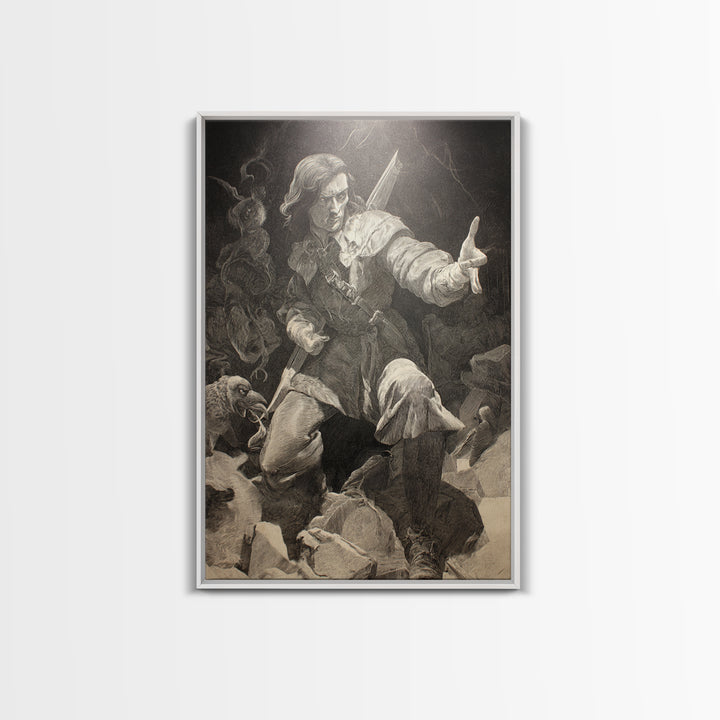 The Ghost Of The Witch Hunter, Renaissance Engraving Art, Vertical Wall Art, Macabre Wall Art, Framed Canvas Print, Halloween Wall Art