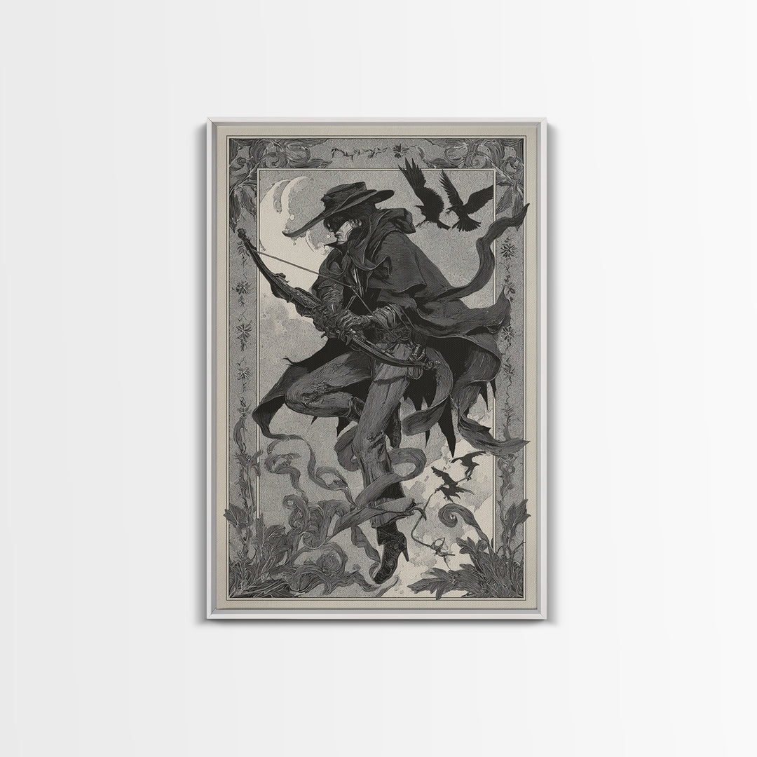 The Ghost Of The Witch Hunter, Decadent Line Art, Vertical Wall Art, Dark Halloween Decor, Framed Canvas Print, Horror Wall Art